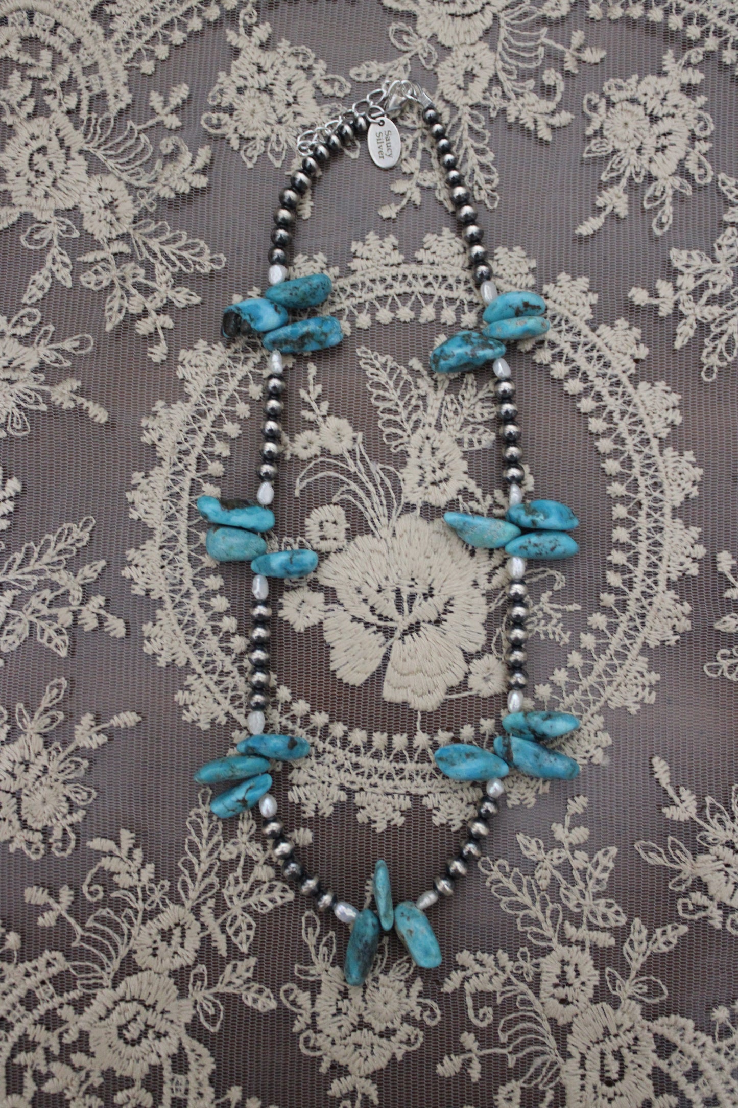 Turquoise and pearls -16in w 2in extender